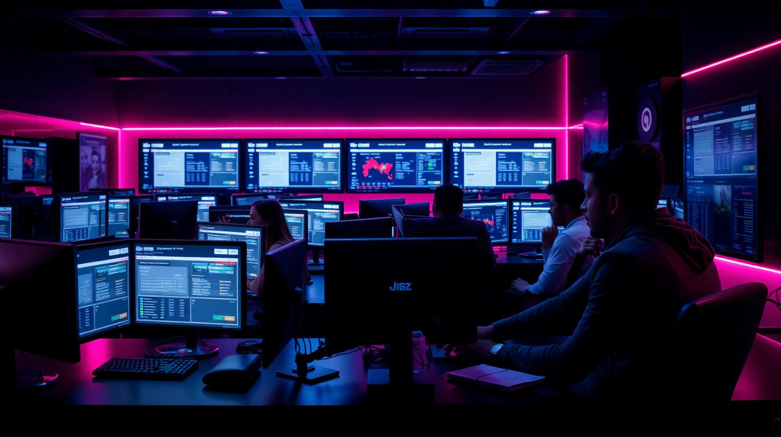 Casino review team working at neon-lit desks with multiple monitors
