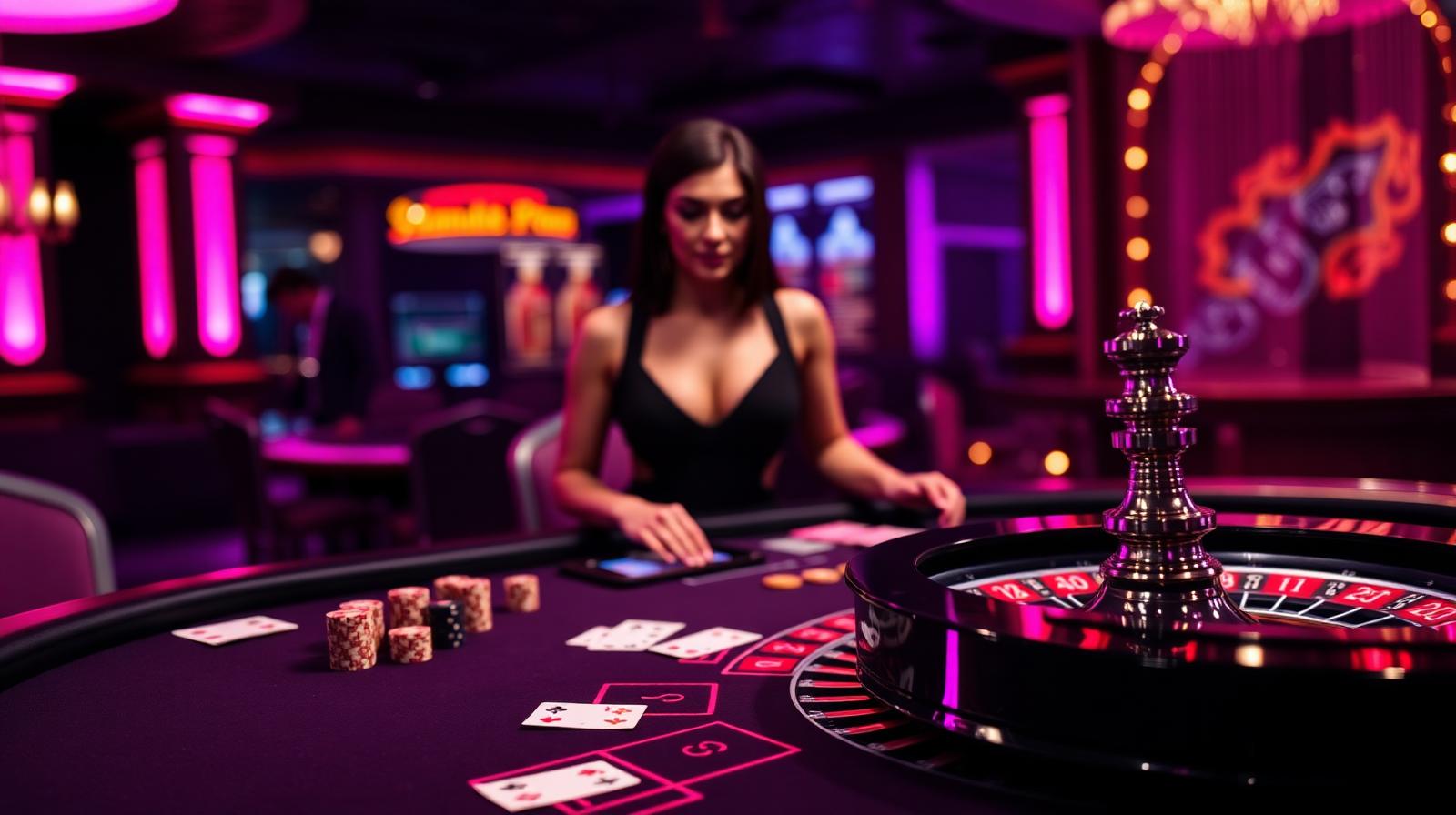 Table de casino en direct avec blackjack et roulette baignée dans une lumière rose magenta