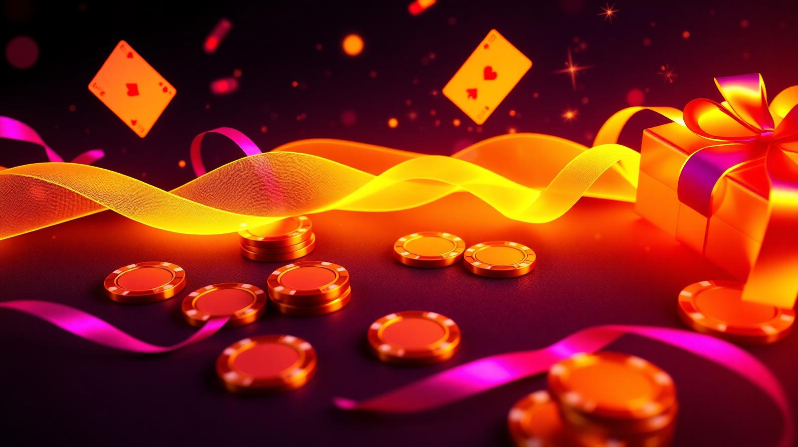 Jetons de casino dorés, cartes à jouer et rubans dans une atmosphère de promotion festive