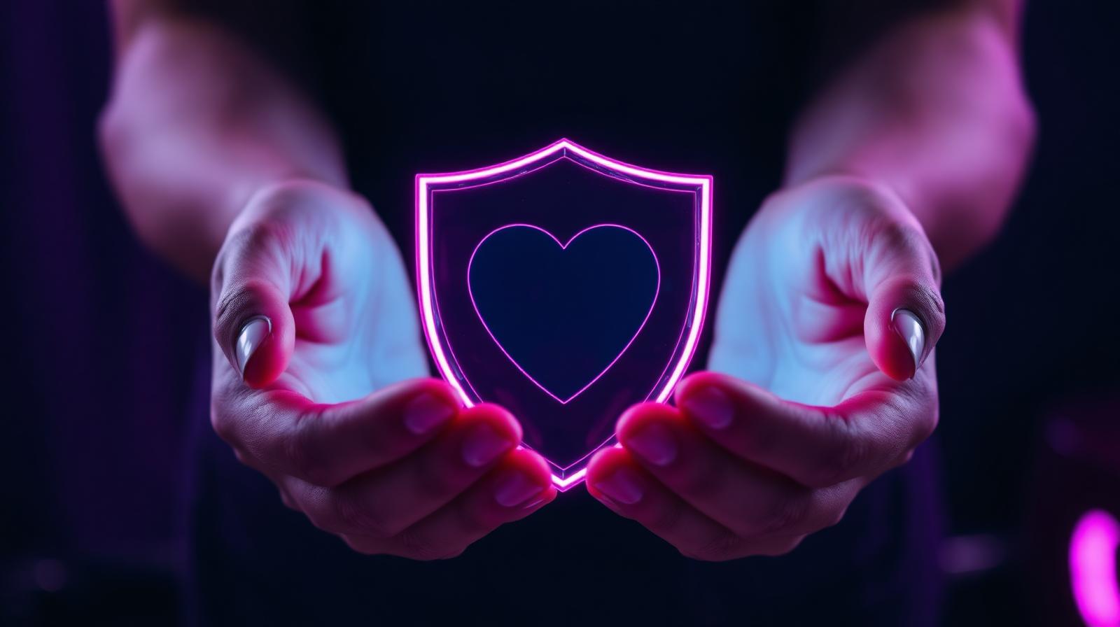 Deux mains tenant un bouclier lumineux avec un cœur, symbole de jeu responsable