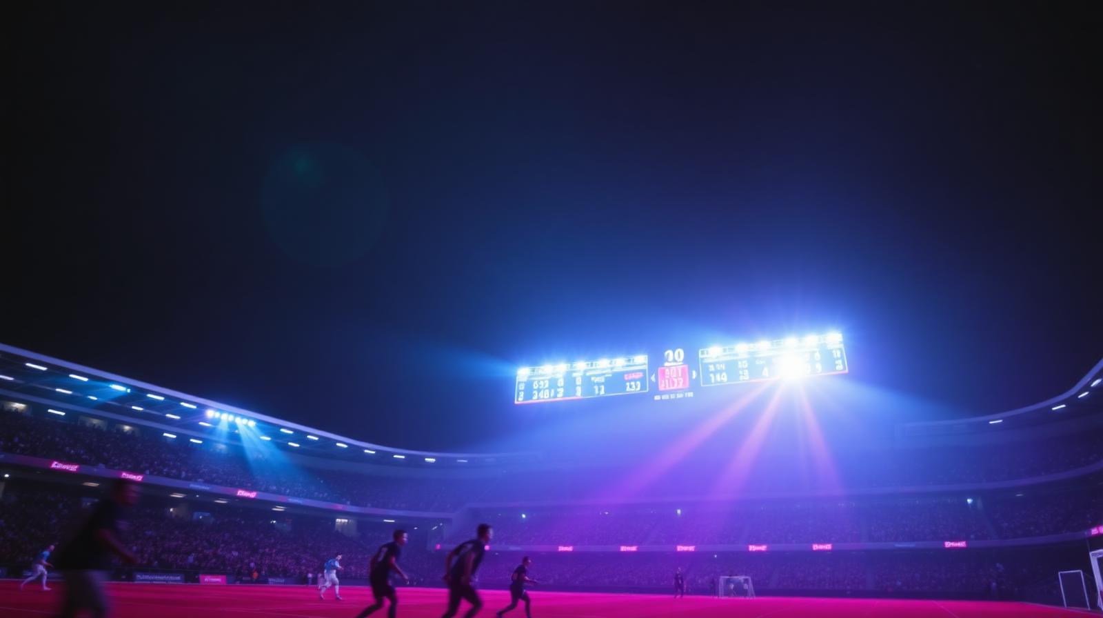 Stade de football illuminé la nuit avec tableau des scores dans une ambiance violet et rose
