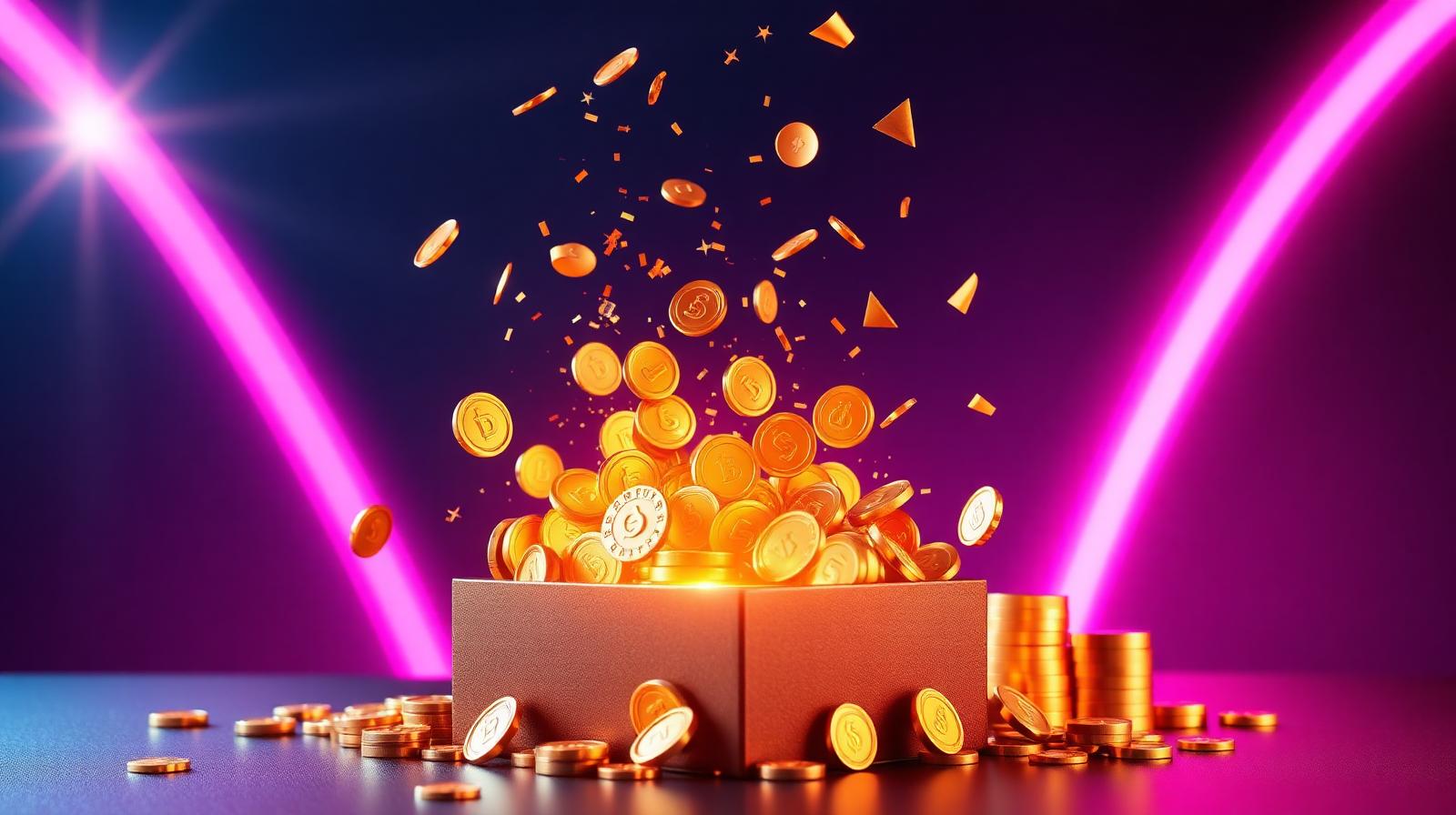 Coffret cadeau lumineux débordant de pièces dorées et de confettis pour un bonus de bienvenue